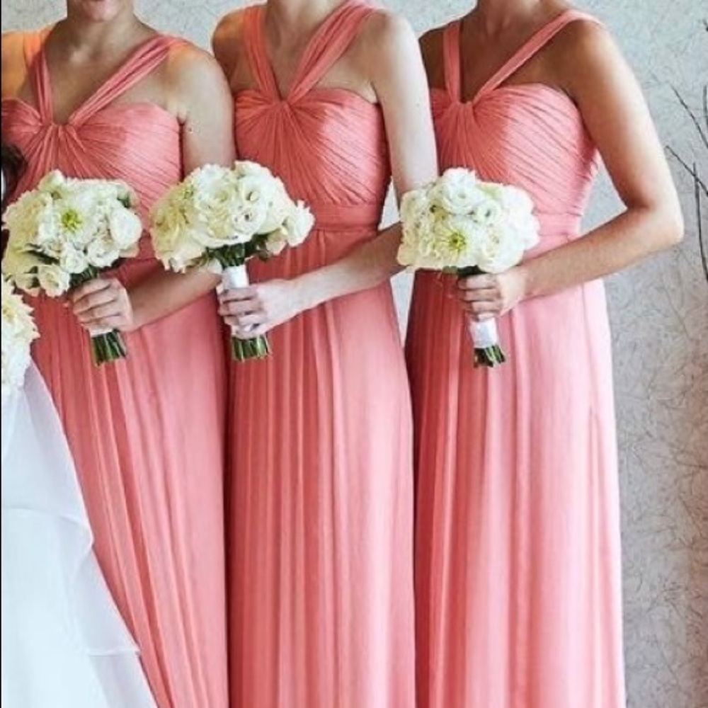 Amsale coral bridesmaid dress